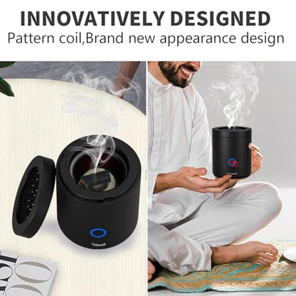 Portable Incense Burner, Mini USB Type-C Charging Car Aromatherapy Diffuser, 7.8 * 7.8 * 9.6cm Charcoal Igniter, Burning Time 120 Seconds Best Arabian Gift (Black)