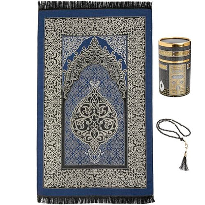Modefa Islamic Gifts Prayer Mat | Thin Woven Praying Mat Muslim Prayer Rug | Muslim Gifts for Men Ramadan Gifts with Tesbih Prayer Beads | Ottoman Rug with Cylinder Gift Box Set (Blue) - color: Royal Blue
