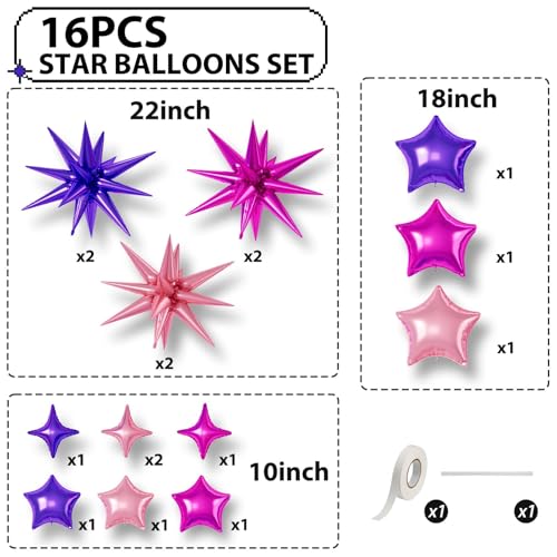 Hot Pink Purple Star Balloons,16Pcs 22/18/10 Inch Foil Princess Decorations - color: Hot Pink Purple