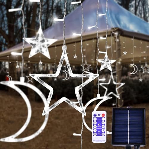 138 LED Ramadan Decorations Lights Solar Moon and Star Lights Outdoor Waterproof Powered Curtain Lights with 8 Modes Ramadan Hanging Decor for Ramadan, Home, Patio (Cold White) - color: Cold White