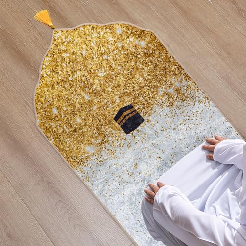 Muslim Prayer Mat Islamic Prayer Rug Padded Portable Praying Mat with Tassel Thick Praying Carpet for Ramadan - color: Gold