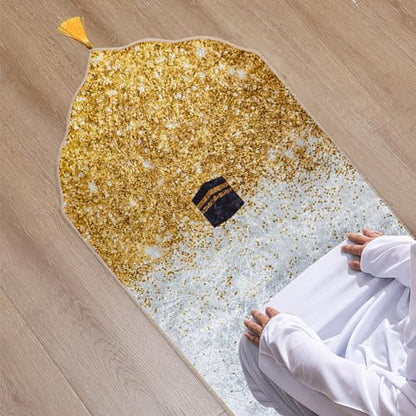 Muslim Prayer Mat Islamic Prayer Rug Padded Portable Praying Mat with Tassel Thick Praying Carpet for Ramadan - color: Gold