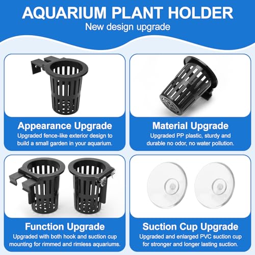 4Pack Aquarium Plant Holder ，Suction Cups and Hooks for Fish Tank Aquaponic Plant Cultivation and Different Tank Thickness，Black