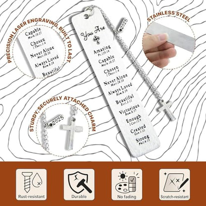 Bible Bookmark with Cross Charm, Christian Bible Bless Verse Engraved Stainless Steel Page Marker, 2025 Year Tag, Gift Box — Graduation, Confirmation, Baptism, Teacher, Women Men, Book Lover Gifts