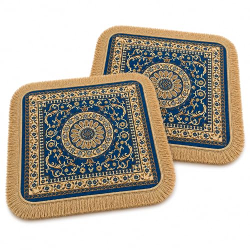 Soft Chenille Prayer Mat | 2x2 Feet Traditional Mandala Floral Pooja Aasan with Golden Fringes | Multipurpose Square Rug for Meditation, Yoga, Puja Room & Home (Pack of 2, Turquoise) - color: Turquoise, size: 2x2 Feet