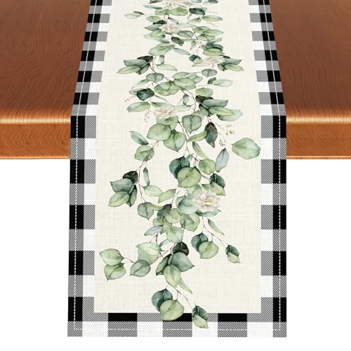 Eucalyptus Table Runner, Seasonal Floral Sage Blue Spring Summer Plaid White Flower Green Plants Farmhouse Table Runner for Home Party Kitchen Dining Table Wedding Party Decor, 13x36 inches - color: Tr-eucalyptus05, size: 13x36" Table Runner
