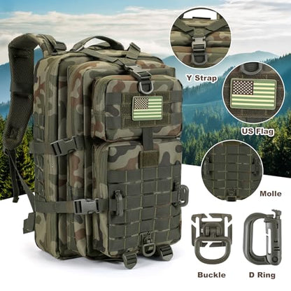 Hannibal Tactical MOLLE Assault Backpack, Tactical Backpack Military Army Camping Rucksack, 3-Day Pack Trip w/USA Flag Patch, D-Rings, Polish Camo - color: Polish Camo