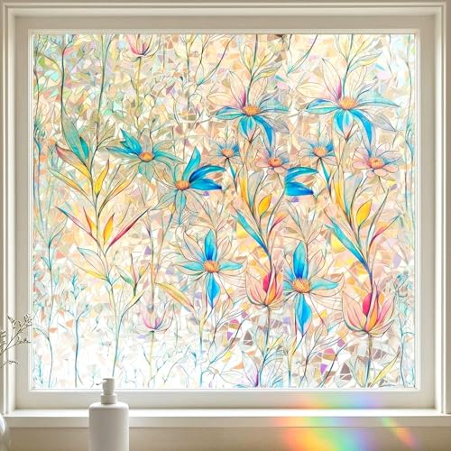 3D Daisy Rainbow Stained Glass Window Film Privacy No Glue Tint 17.5x78.7in | Anti Glare Sun Control Light Softening Heat Blocking Clean Removal Reusable Cover Decor Decal Bedroom Nursery Sidelight - color: G008, size: 17.7 X 78.7 Inches