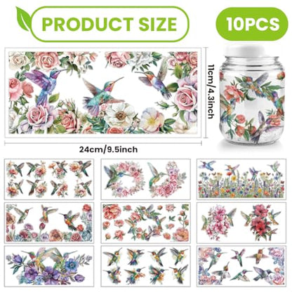 arricraft 10 Sheets UV DTF Cup Wrap Transfer Stickers, 10 Styles 9.45x4.33 Inchs Hummingbird Flower Rub on Transfers Decal for 16OZ Glass Cups Furniture Craft Wood DIY Crafts - style: Hummingbird
