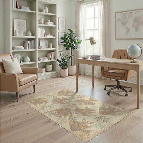 4'x6' Washable Beachy Fish Accent Rug, Teal Non-Shedding Small Carpet Pet Friendly & Non-Slip for Playroom, Bedroom, Reading Nook | Ref:1885581 - color: Beige/Pattern 44, size: 4' x 6' (Rectangular)