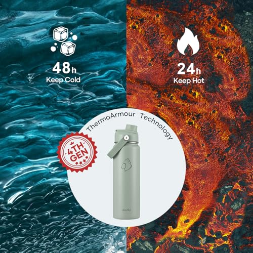BUZIO 24 oz Water Bottle Insulated, Leakproof Stainless Steel Flask (Cold for 48 Hrs), Wide Mouth BPA-Free Metal Thermo Hydro Canteen with 2 Lids, Sage Green - color: Sage Green, size: 24 Ounces