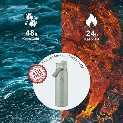 BUZIO 24 oz Water Bottle Insulated, Leakproof Stainless Steel Flask (Cold for 48 Hrs), Wide Mouth BPA-Free Metal Thermo Hydro Canteen with 2 Lids, Sage Green - color: Sage Green, size: 24 Ounces