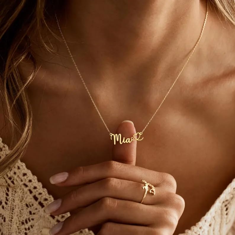 Custom Name Necklace, 18K Gold Plated Nameplate Personalized Jewelry Gift for Women - color: Style-04-Heart