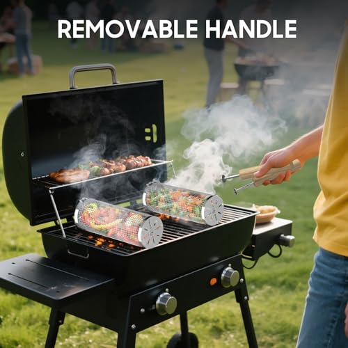 Rolling Grill Basket, Removable Wooden Handle, 304 Stainless Steel, Nesting Grilling Net, BBQ Accessories Tool for Vegetable Shrimp, Outdoor Cooking Camping, Christmas Birthday Gifts for Men Dad Husband