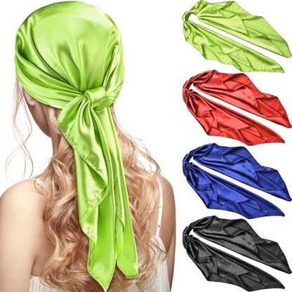 Syhood 4 Pcs 35 Inch Head Satin Large Bandana Satin Scarves Head Scarf for Women's Hair Square Scarf - color: Fluorescent Green, Red, Black, Royal Blue