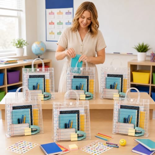 Cinrobiye 24 Pcs Back to School Notebook Paper Gift Bags with Handles, Clear Reusable Student Welcome Bags for Classroom Prizes, Teacher Supplies, Classroom Goodie Bags & First Day of School Favors - color: Blue and white