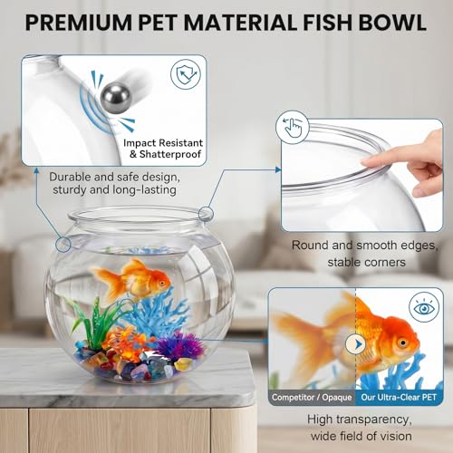 1 Gallon Clear Plastic Fish Bowl Kit with Coral, Artificial Plants & Stones | for Betta Fish, for Desk Decor, Vases and Party Displays