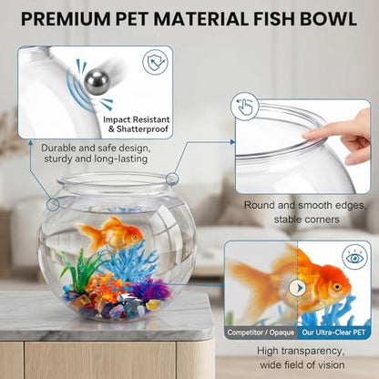 1 Gallon Clear Plastic Fish Bowl Kit with Coral, Artificial Plants & Stones | for Betta Fish, for Desk Decor, Vases and Party Displays