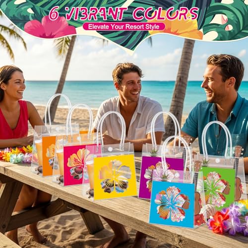 Aliceset 24 Pcs Clear Hawaiian Gift Bags with Handles Tropical Floral Hawaiian Luau Party Favor Bag for Aloha Theme Tropical Luau Summer Party with Palm Leaves 6.31"x 5.91"x 3.15" - style: Hibiscus
