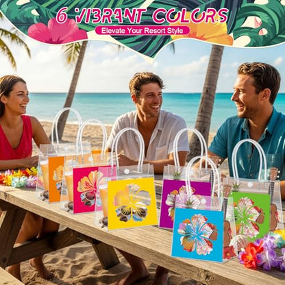 Aliceset 24 Pcs Clear Hawaiian Gift Bags with Handles Tropical Floral Hawaiian Luau Party Favor Bag for Aloha Theme Tropical Luau Summer Party with Palm Leaves 6.31"x 5.91"x 3.15" - style: Hibiscus