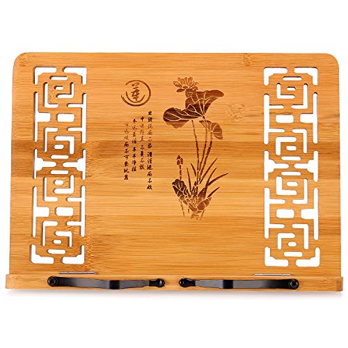 MEGREZ Book Stand for Reading (13.2 x 9.4 inch) Bamboo Cookbook Stand Holder for Kitchen, Adjustable Book Holder Stand for Tablet/Textbook Holder/Hollow Bookrest Stand, Language of Lotus - color: Language of Lotus