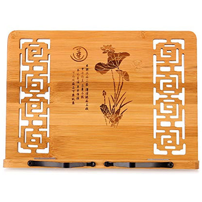 MEGREZ Book Stand for Reading (13.2 x 9.4 inch) Bamboo Cookbook Stand Holder for Kitchen, Adjustable Book Holder Stand for Tablet/Textbook Holder/Hollow Bookrest Stand, Language of Lotus - color: Language of Lotus