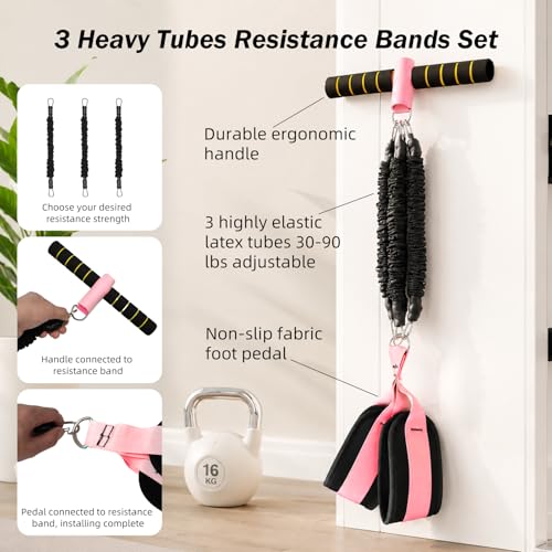 Pedal Resistance Bands with Handles, 3 Heavy Tube Adjustable Exercise Bands | Upgraded Resistance Fitness Band Set for Women and Men, Multifunction Exercise Equipment for Abdomen, Waist, Arm, Leg Workout