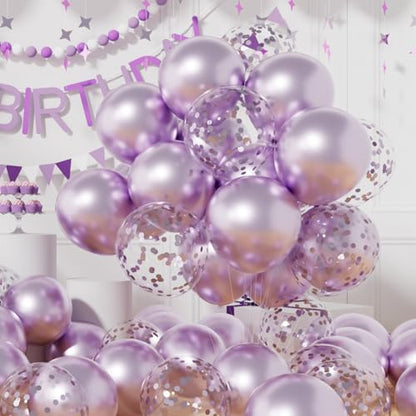 AULE Party Balloons Pack of 42 - Metallic Lavender Balloons and Confetti Latex Helium Balloons With 64ft Ribbons - 12 Inch Lilac Chrome Balloon Decoration Set - color: Lavender
