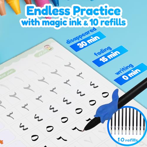 4 Magic Tracing Practice Books – Grooved Handwriting Arabic Copybooks for Kids, Reusable Writing Practice Workbooks Without Tears, Disappearing Ink for Toddlers Preschool Learn (Arabic) - color: Arabic