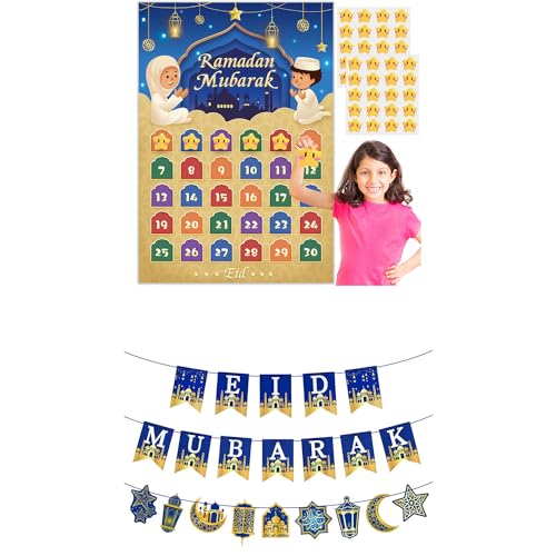 AhfuLife Ramadan Eid Mubarak Countdown Calendar Decoration for Kids, 2024 Eid Mubarak Gift Decorations, Eid Mubarak Banner Decorations, Pre-tied Bunting Eid Mubarak Banner Party Supplies for Home