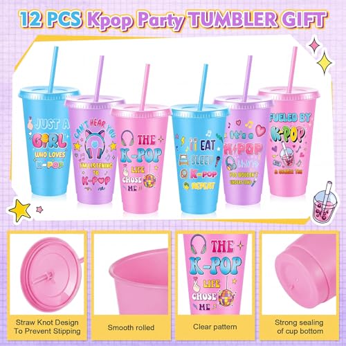Chuangdi 12 Pcs Kpop Theme Party Supplies 24 oz Reusable Plastic Tumbler with Lid and Straw, K Pop Cups Bulk for Women Kpop Birthday Decorations Popular Singer Party Favors, Korean Music Lover Gifts - style: Kpop