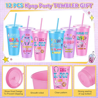 Chuangdi 12 Pcs Kpop Theme Party Supplies 24 oz Reusable Plastic Tumbler with Lid and Straw, K Pop Cups Bulk for Women Kpop Birthday Decorations Popular Singer Party Favors, Korean Music Lover Gifts - style: Kpop