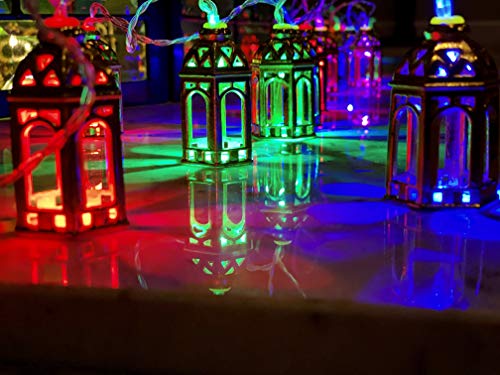 Eid Lights Indoor Decor String Lights Gold Lantern Fanous Eid Holiday Decorations with Battery Festive Party Holiday Muslim Decor 20PCS/Set Each 2.5" Tall 20 feet Long + RMDN Baloons (Multi-Colored)
