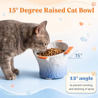 Tioncy 2 Pcs Raised Tilted Ceramic Cat Food Bowl Fish Shape Cute Elevated Slanted Shallow Angled Cat Dish Non Slip Feeder Bowl for Anti-Vomiting and Fatigue (Blue,Orange) - color: Blue,Orange