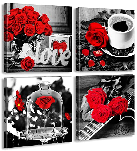 DJSYLIFE Black and White Canvas Wall Art Red Bathroom Accessories 12" x 12" - color: red-01, size: 12"L x 12"W x 4 Pieces