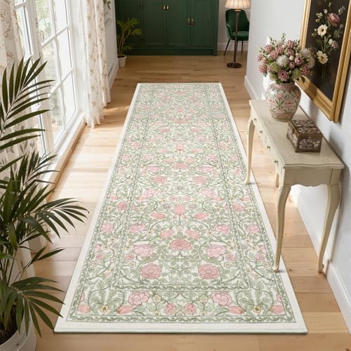 GarveeHome Pink and Green Vintage Floral 2x6 Runner Rug Washable Kitchen Rugs Non Slip Boho Long Rug for Hallways Bedroom Entryway Bathroom Mat with Rubber Back Beige - color: A Beige / Pink, size: 2' x 6' (Runner)