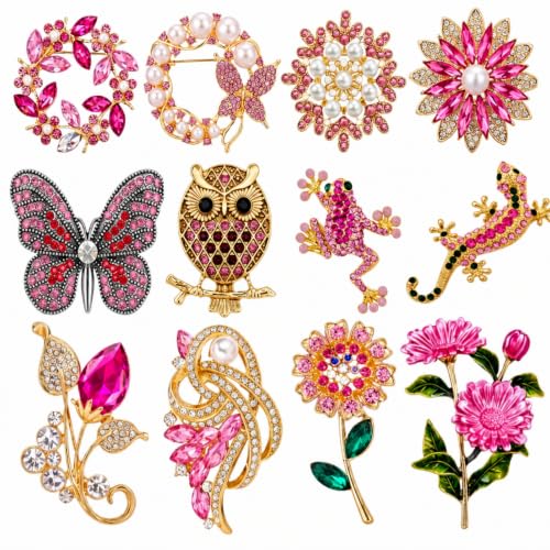 Junkin 12 Pcs Women Brooches Bulk Vintage Rhinestone Pin Set - style: Pink Creature