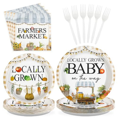 Grencian 96Pcs Locally Grown Baby Shower Decorations Farmers Market Party Plates and Napkins Vegetable Theme Disposable Tableware for Food Market Party Baby Shower Decorations Serves 24 - style: Food Market Baby Sets