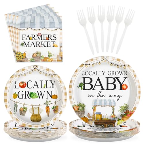 Grencian 96Pcs Locally Grown Baby Shower Decorations Farmers Market Party Plates and Napkins Vegetable Theme Disposable Tableware for Food Market Party Baby Shower Decorations Serves 24 - style: Food Market Baby Sets