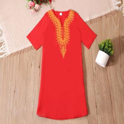 Kids Muslim Short Sleeve Thobe Islamic Boys Lace Embroidery Kaftan Thobes Toddler Soft Abaya Prayer Pullover Clothes - color: Red, size: 6-12 Months