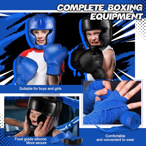 Kanayu 12 Pcs Kids Boxing Equipment Set for Beginners Ages 6-18 Years Including Boxing Helmet and Gloves Hand Wraps Sport Mouthguards Taekwondo Sparring Gear for Kids and Children - color: Blue, Black