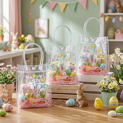 Aliceset 24 Pcs Happy Easter Gift Bags Bulk - Colorful Easter Clear PVC Gift Bags with Handle Reusable Eggs Bunny Goodie Candy Tote for Egg Hunt Party Supplies (Rabbit, 6.31"x 5.91"x 3.15") - style: Bunny Ear