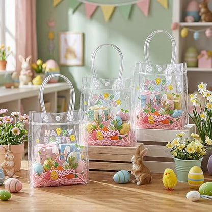 Aliceset 24 Pcs Happy Easter Gift Bags Bulk - Colorful Easter Clear PVC Gift Bags with Handle Reusable Eggs Bunny Goodie Candy Tote for Egg Hunt Party Supplies (Rabbit, 6.31"x 5.91"x 3.15") - style: Bunny Ear