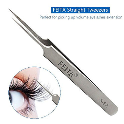 FEITA Precision Eyelash Extension Tweezers Set - Professional Straight & Curved Pointed Very Fine Tip Tweezers for Lash Extensions - Silver - 2Pcs - color: Silver Tweezers - 2pcs