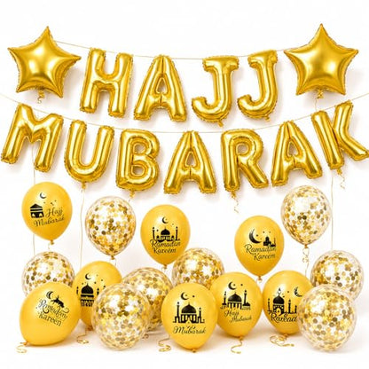 이드 무바라크 파티 장식용 HAJJ MUBARAK 풍선 28개 | HAJJ MUBARAK 장식 풍선, 이드 무바라크 파티 용품 장식