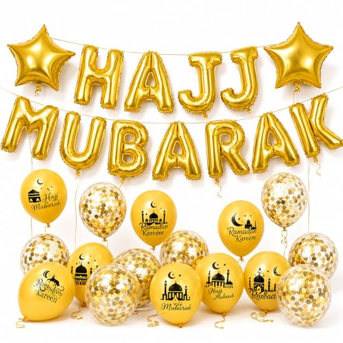 이드 무바라크 파티 장식용 HAJJ MUBARAK 풍선 28개 | HAJJ MUBARAK 장식 풍선, 이드 무바라크 파티 용품 장식