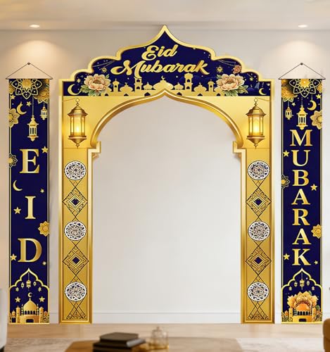 3 IN 1 Eid Mubarak Banner Decorations, Islamic Mosque Archway Backdrop with Eid Mubarak Hanging Banners, Ramadan Eid Decor for Home Door Wall Indoor Outdoor