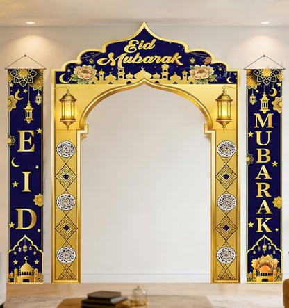 3 IN 1 Eid Mubarak Banner Decorations, Islamic Mosque Archway Backdrop with Eid Mubarak Hanging Banners, Ramadan Eid Decor for Home Door Wall Indoor Outdoor