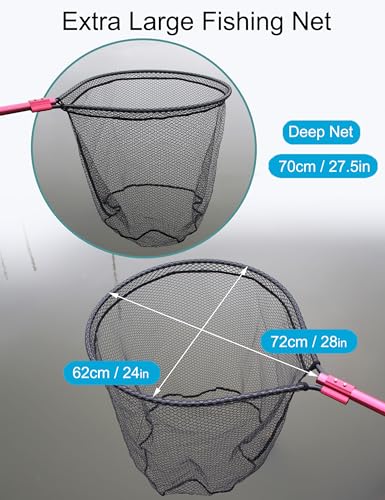 Extra Large Fishing Landing Net - 72"-94" Heavy Duty Telescopic Aluminum Handle, Snag-Free Rubber Mesh for Saltwater Boat, Net Hoop 28x24in, 30in Deep