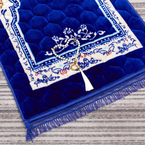 Muslim Prayer Rug with Tasbih Prayer Beads, Soft Large Prayer Matt Islam, Padded Islamic Prayer Mat Thick for Men and Women, Janamaz, Sajadah (31.5" x 47.2", Royal Blue) - color: Royal Blue